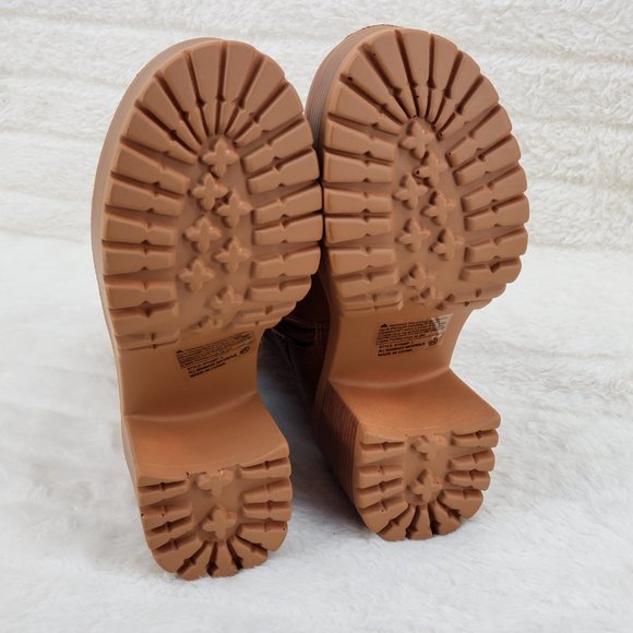 Light Weight Tan Wood Look Chunky Platform Combat Boots Stamp - Picture 12 of 12